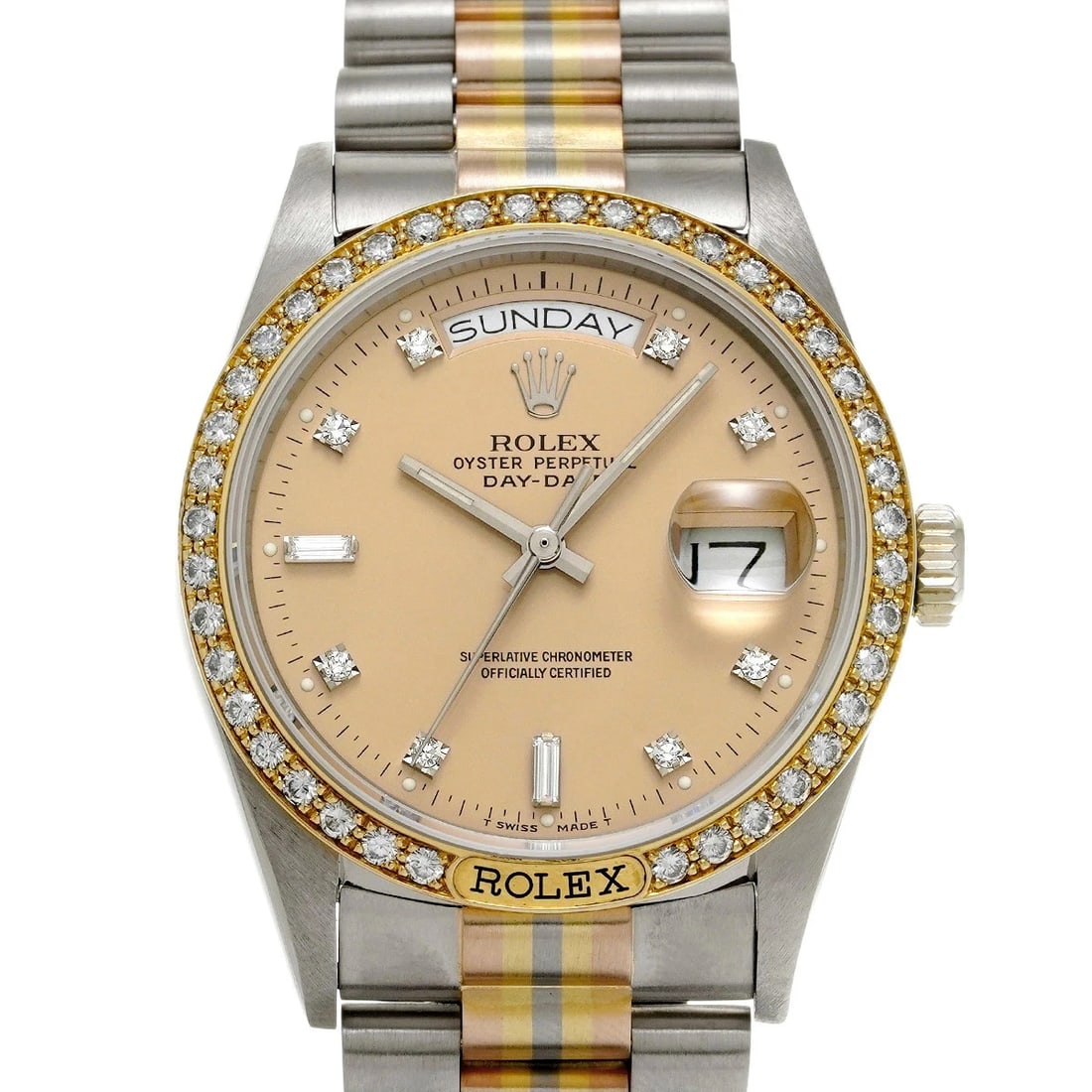 ROLEX DATE TRIDOR WHITE GOLD WATCH: ROLEX Date Tridor White Gold watch Brand: ROLEX Type/Style: Wristwatch Material: Case Material White Gold Color: Dial Color Copper/Diamond Size: Case: Length/36mm Width/36mm Wrist Circumference: 18cm 