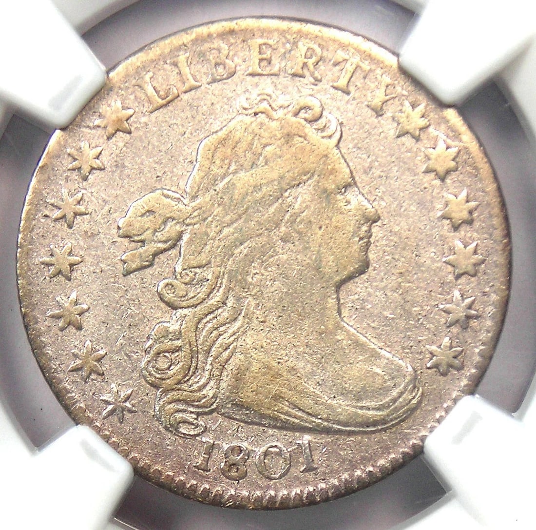 1801 DRAPED BUST DIME 10C JR-1 COIN: 1801 Draped Bust Dime 10C JR-1 Coin Year : 1801 Denomination : 10C Country of Origin : United States Accessories: None Accessories Notice: When purchasing pre-owned goods, please refer to the photos o