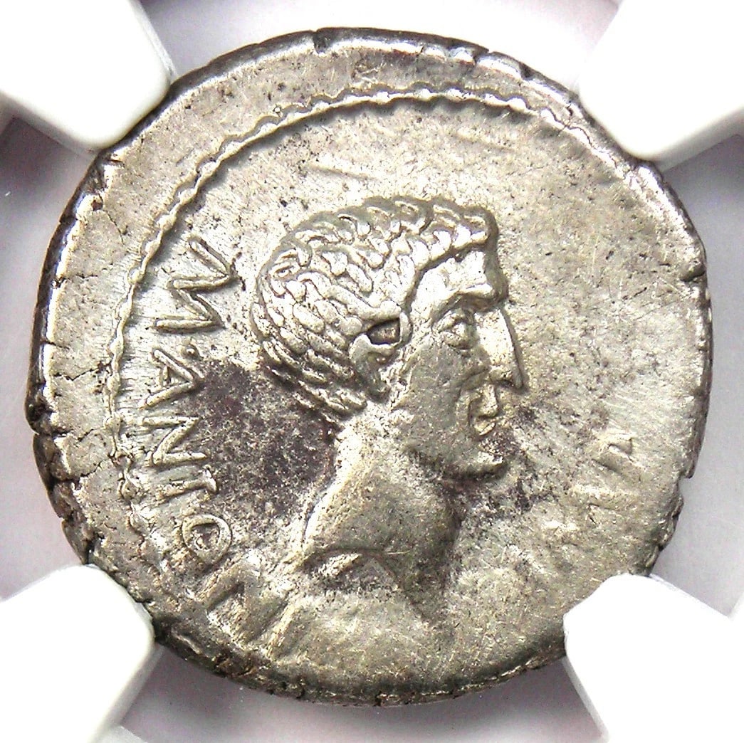 MARC ANTONY AR DENARIUS PORTRAIT MILITARY COIN: Marc Antony AR Denarius Portrait Military Coin Year : 42 BC Denomination : Denarius Country of Origin : Italy Accessories: None Accessories Notice: When purchasing pre-owned goods, please refer to the