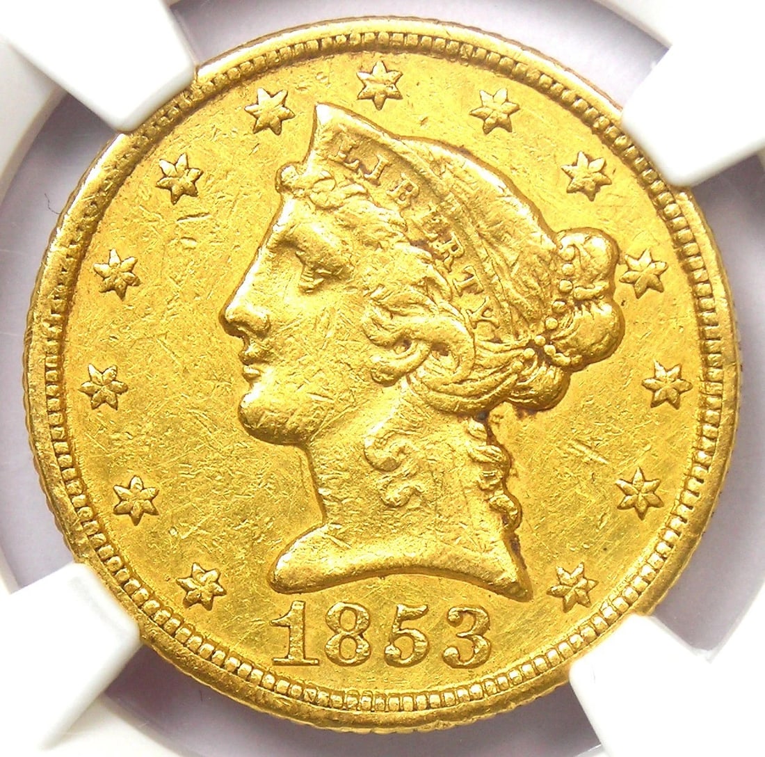 1853-C LIBERTY GOLD HALF EAGLE $5 WEAK C - CHARLOTTE GOLD COIN: 1853-C Liberty Gold Half Eagle $5 Weak C - Charlotte Gold Coin Year : 1853 Denomination : $5 Country of Origin : United States Accessories: None Accessories Notice: When purchasing pre-owned goods, pl