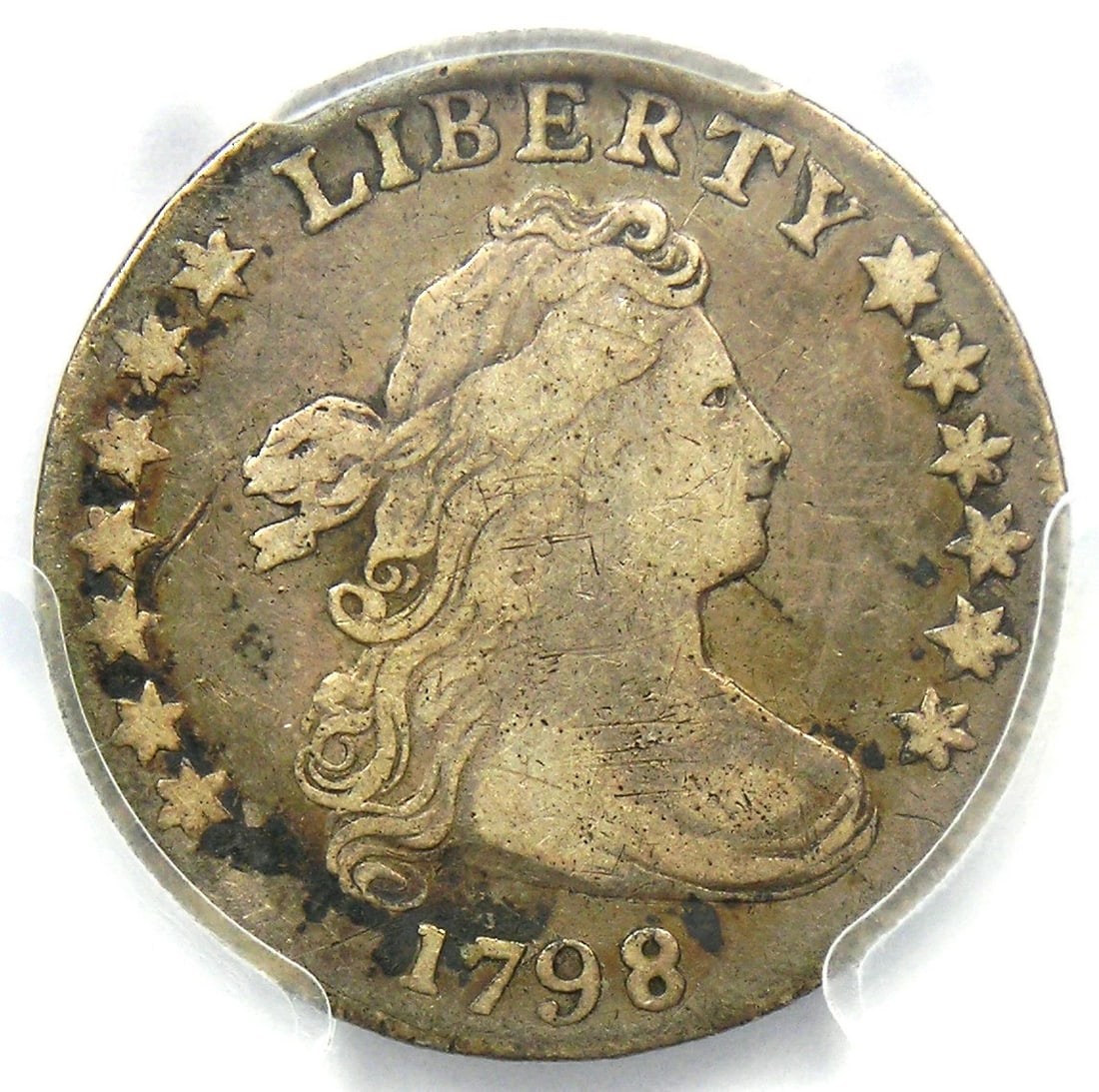 1798 DRAPED BUST DIME 10C COIN: 1798 Draped Bust Dime 10C Coin Year : 1798 Denomination : 10C Country of Origin : United States Accessories: None Accessories Notice: When purchasing pre-owned goods, please refer to the photos of the