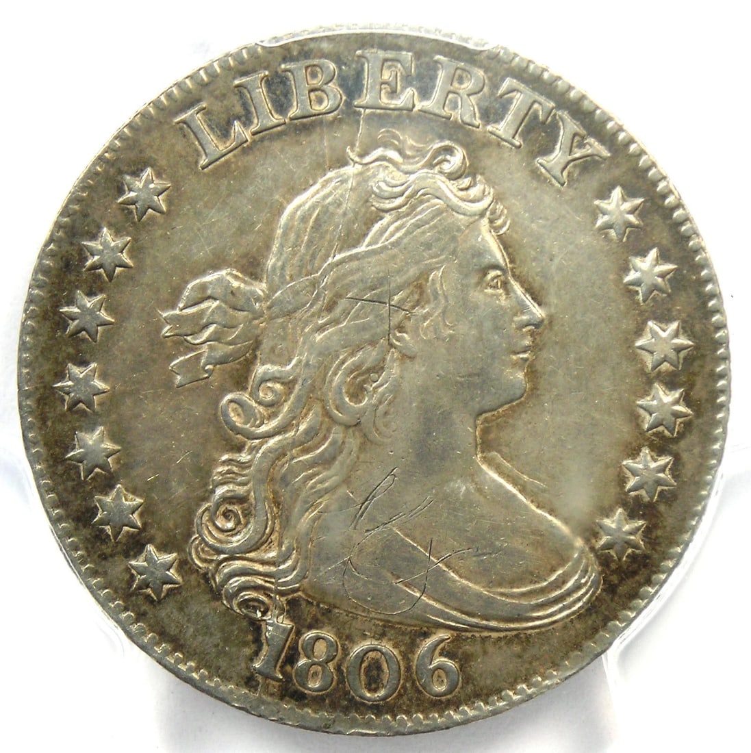 1806 DRAPED BUST QUARTER 25C COIN: 1806 Draped Bust Quarter 25C Coin Year : 1806 Denomination : 25C Country of Origin : United States Accessories: None Accessories Notice: When purchasing pre-owned goods, please refer to the photos of 
