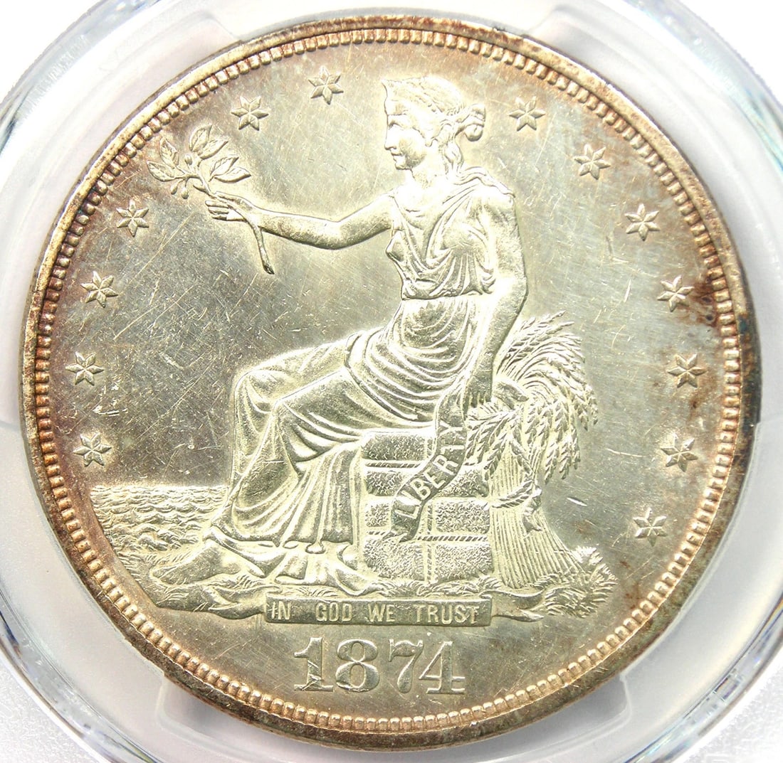 1874-P TRADE SILVER DOLLAR T$1 COIN: 1874-P Trade Silver Dollar T$1 Coin Year : 1874 Denomination : $1 Country of Origin : United States Accessories: None Accessories Notice: When purchasing pre-owned goods, please refer to the photos of