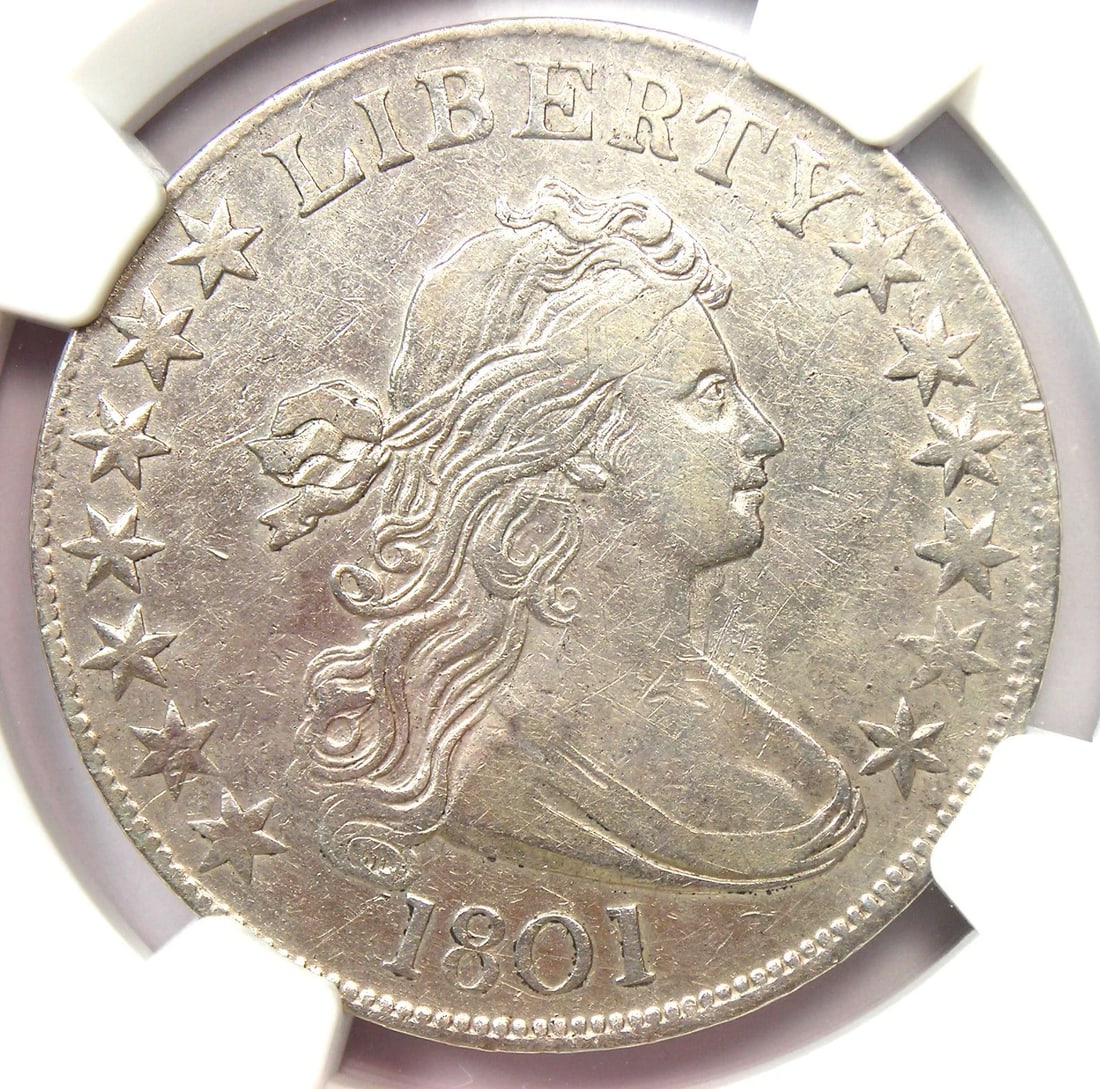 1801 DRAPED BUST HALF DOLLAR COIN: 1801 Draped Bust Half Dollar Coin Year : 1801 Denomination : 50C Country of Origin : United States Accessories: None Accessories Notice: When purchasing pre-owned goods, please refer to the photos of 