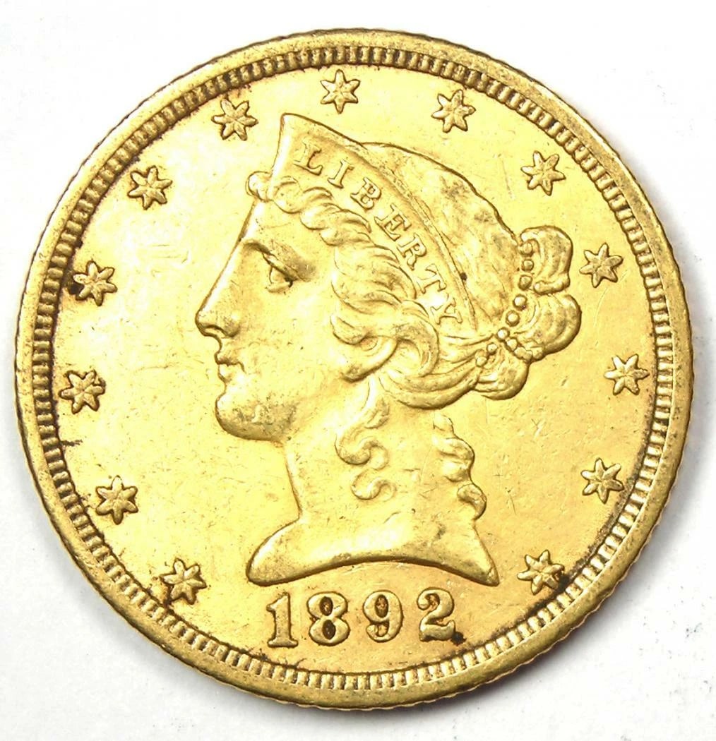 1892-CC LIBERTY GOLD HALF EAGLE $5 COIN: 1892-CC Liberty Gold Half Eagle $5 Coin Year : 1892 Denomination : $5 Country of Origin : United States Accessories: None Accessories Notice: When purchasing pre-owned goods, please refer to the photo