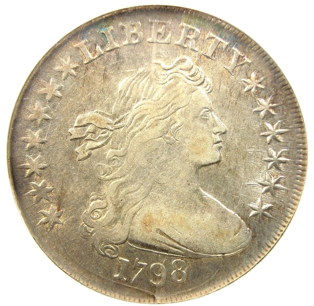 1798 DRAPED BUST SILVER DOLLAR $1 COIN: 1798 Draped Bust Silver Dollar $1 Coin Year : 1798 Denomination : $1 Country of Origin : United States Accessories: None Accessories Notice: When purchasing pre-owned goods, please refer to the