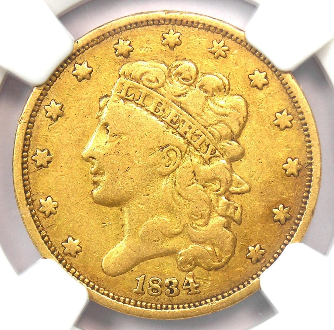 1834 CLASSIC GOLD HALF EAGLE $5 COIN: 1834 Classic Gold Half Eagle $5 Coin Year : 1834 Denomination : $5 Country of Origin : United States Accessories: None Accessories Notice: When purchasing pre-owned goods, please refer to the photos