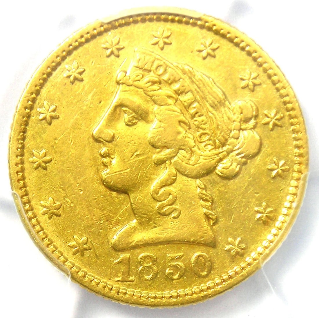 1850 MOFFAT LIBERTY GOLD HALF EAGLE $5 COIN: 1850 Moffat Liberty Gold Half Eagle $5 Coin Year : 1850 Denomination : $5 Country of Origin : United States Accessories: None Accessories Notice: When purchasing pre-owned goods, please refer to the p