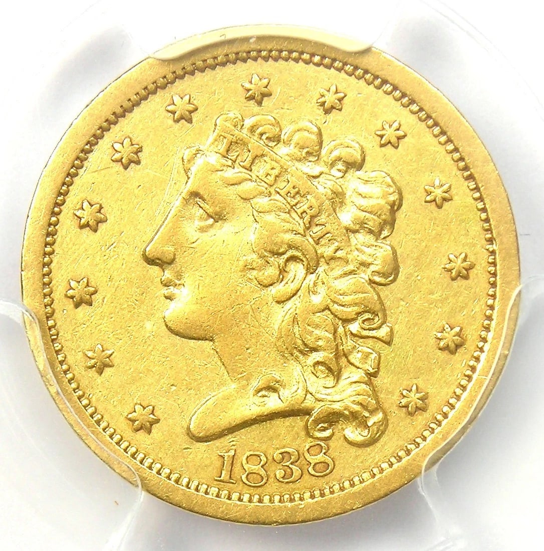 1838 CLASSIC GOLD QUARTER EAGLE $2.50 COIN: 1838 Classic Gold Quarter Eagle $2.50 Coin Year : 1838 Denomination : $2.50 Country of Origin : United States Accessories: None Accessories Notice: When purchasing pre-owned goods, please refer to the