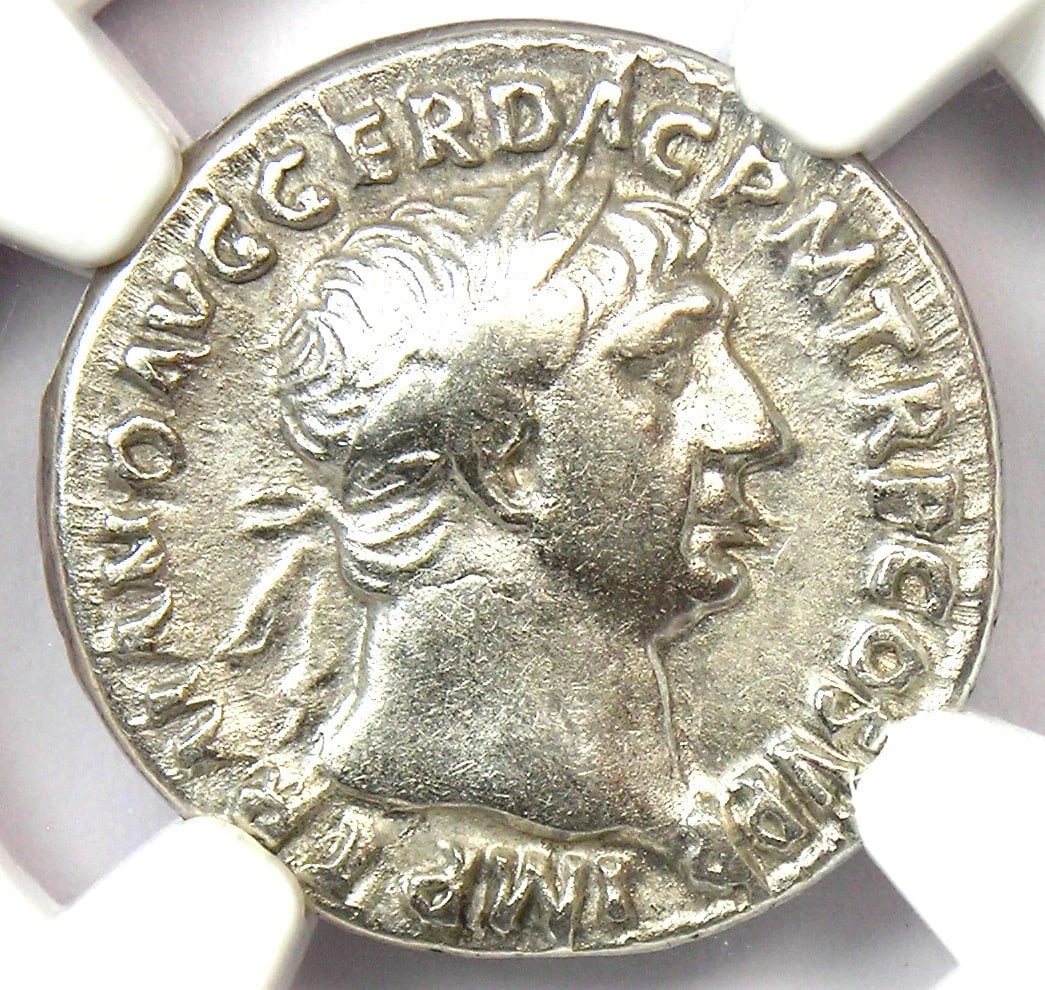 TRAJAN AR DENARIUS SILVER ROMAN COIN: Trajan AR Denarius Silver Roman Coin Year : 117 AD Denomination : Denarius Country of Origin : Italy Accessories: None Accessories Notice: When purchasing pre-owned goods, please refer to the photos o