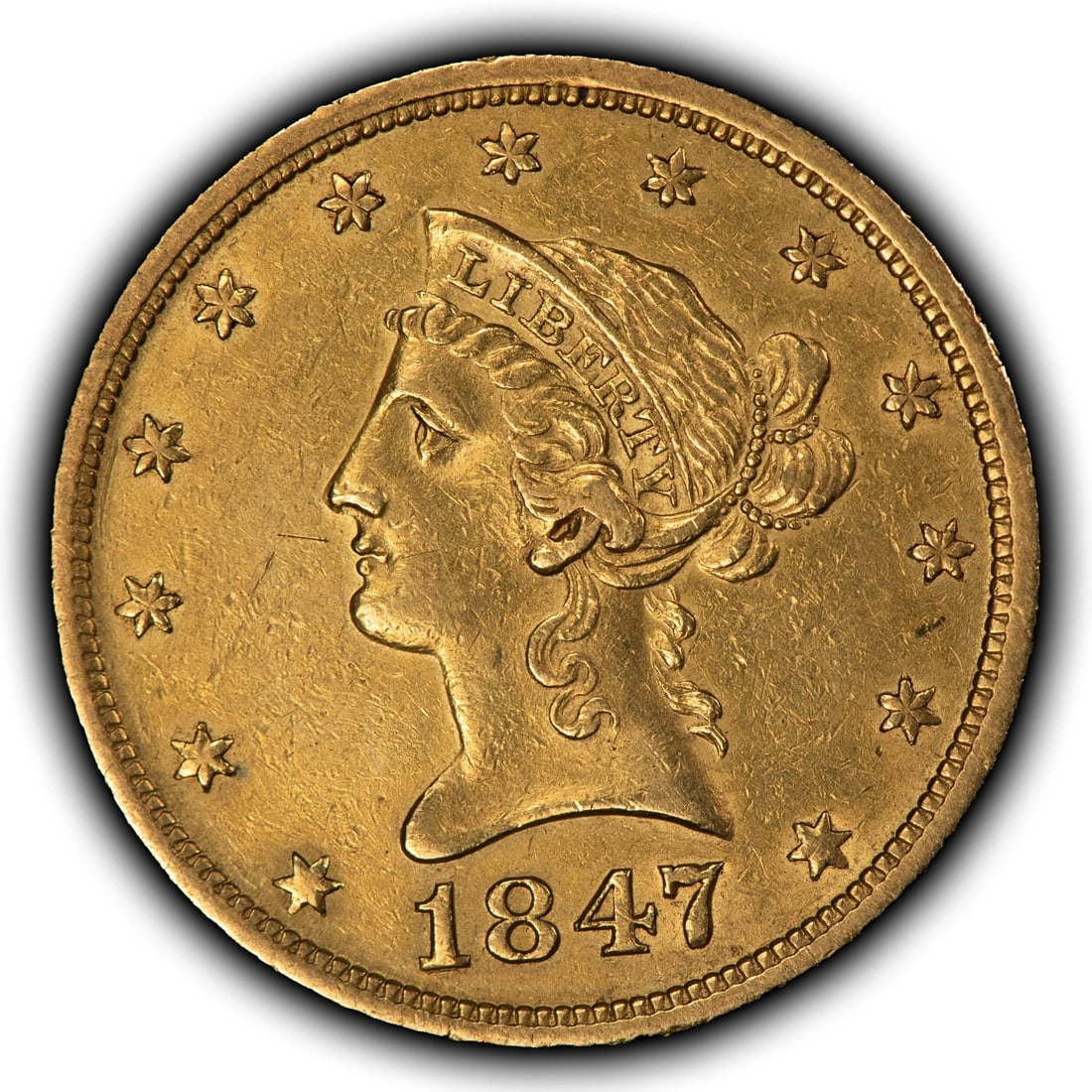 1847-O G$10 LIBERTY HEAD GOLD EAGLE - TOUGH: 1847-O G$10 Liberty Head Gold Eagle - Tough Brand/Mint: U.S. Mint Year: 1847 Fineness: 0.9 Country of Origin: United States Accessories: None Accessories Notice: When purchasing pre-owned goods, pl