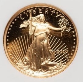 2001-W PROOF GOLD EAGLE 1/10 OZ BROWN LABEL: 2001-W Proof Gold Eagle 1/10 oz Brown Label Year: 2001 Composition: GOLD Denomination: $5 Country of Origin: United States Accessories: None Accessories Notice: When purchasing pre-owned goods, ple