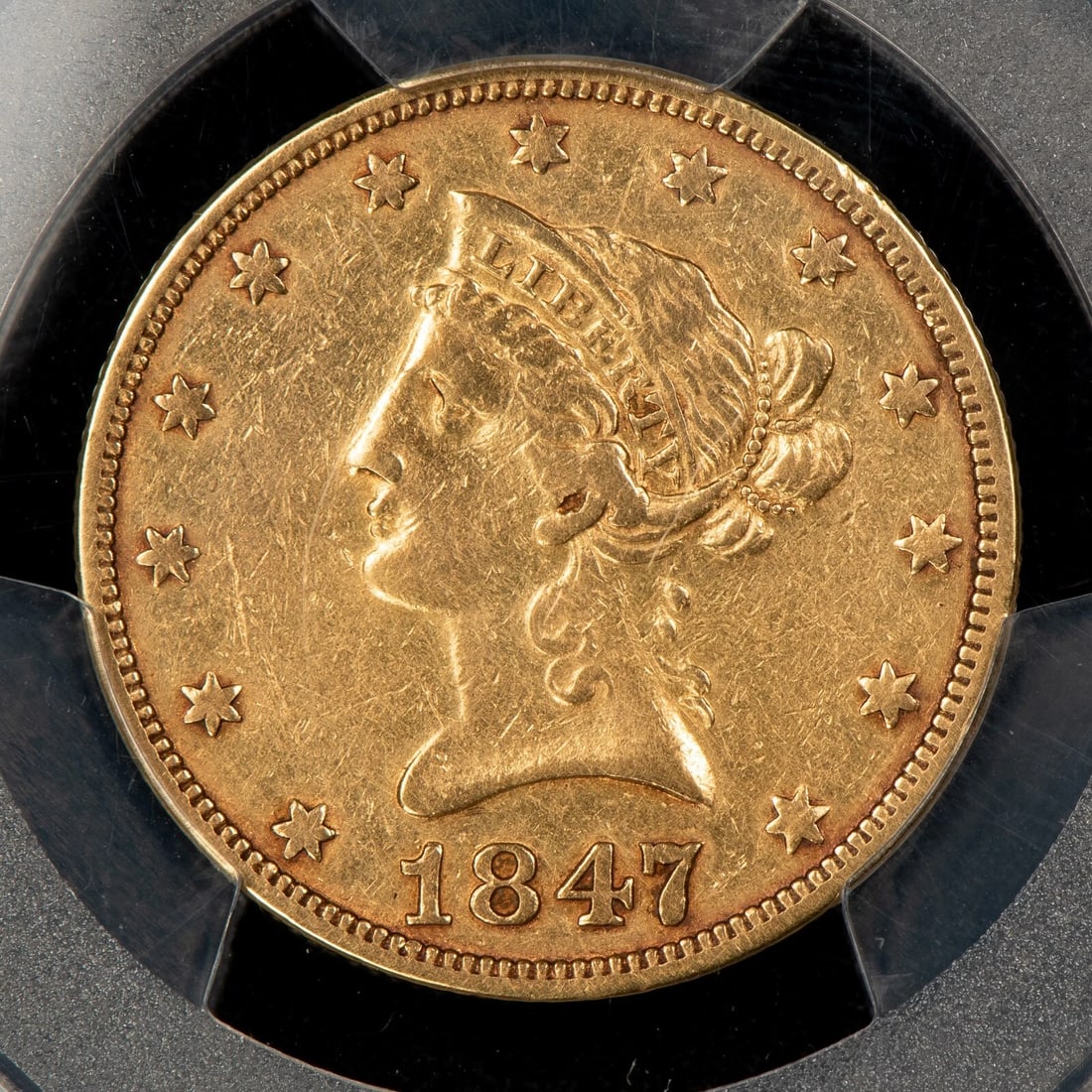 1847-O G$10 LIBERTY HEAD GOLD EAGLE - LUSTER: 1847-O G$10 Liberty Head Gold Eagle - Luster Brand/Mint: U.S. Mint Year: 1847 Fineness: 0.9 Country of Origin: United States Accessories: None Accessories Notice: When purchasing pre-owned goods, p