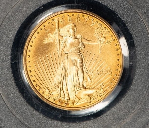 2005 G$10 1/4 OZ GOLD AMERICAN EAGLE - 20TH ANNIVERSARY: 2005 G$10 1/4 oz Gold American Eagle - 20th Anniversary Brand/Mint: U.S. Mint Year: 2005 Fineness: 0.9167 Country of Origin: United States Accessories: None Accessories Notice: When purchasing pre-
