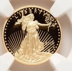 2010-W PROOF GOLD EAGLE 1/10 OZ ER BLUE: 2010-W Proof Gold Eagle 1/10 oz ER Blue Year: 2010 Composition: GOLD Denomination: $5 Country of Origin: United States Accessories: None Accessories Notice: When purchasing pre-owned goods, please