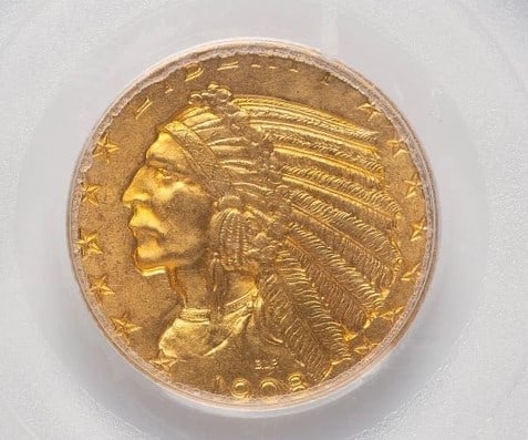 1908 $5 INDIAN INDIAN HALF EAGLE: 1908 $5 Indian Indian Half Eagle Year: 1908 Composition: None Denomination: $5 Country of Origin: United States Accessories: None Accessories Notice: When purchasing pre-owned goods, please refer t