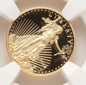 2014-W PROOF GOLD EAGLE 1/10 OZ ER BLUE: 2014-W Proof Gold Eagle 1/10 oz ER Blue Year: 2014 Composition: GOLD Denomination: $5 Country of Origin: United States Accessories: None Accessories Notice: When purchasing pre-owned goods, please
