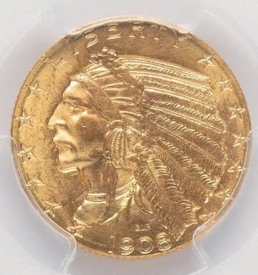 1908 $5 INDIAN BLUE GRADIENT INDIAN HALF EAGLE - 2
