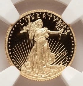 2011-W PROOF GOLD EAGLE 1/10 OZ ER BLUE: 2011-W Proof Gold Eagle 1/10 oz ER Blue Year: 2011 Composition: GOLD Denomination: $5 Country of Origin: United States Accessories: None Accessories Notice: When purchasing pre-owned goods, please