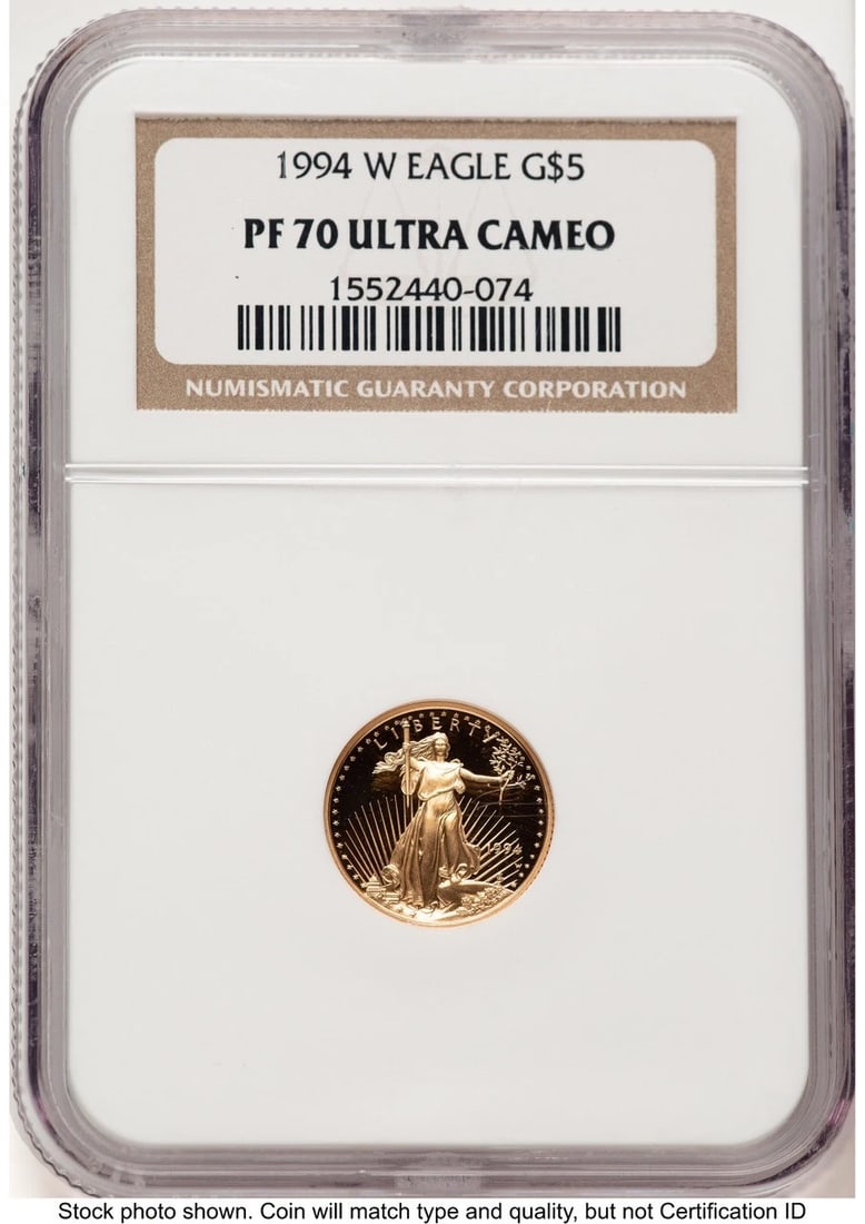 1994-W PROOF GOLD EAGLE 1/10 OZ BROWN LABEL: 1994-W Proof Gold Eagle 1/10 oz Brown Label Year: 1994 Composition: GOLD Denomination: $5 Country of Origin: United States Accessories: None Accessories Notice: When purchasing pre-owned goods, ple