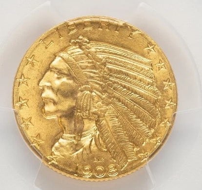 1908 $5 INDIAN HALF EAGLE: 1908 $5 Indian Half Eagle Year: 1908 Composition: Denomination: $5 Country of Origin: United States Accessories: None Accessories Notice: When purchasing pre-owned goods, please refer to the photos