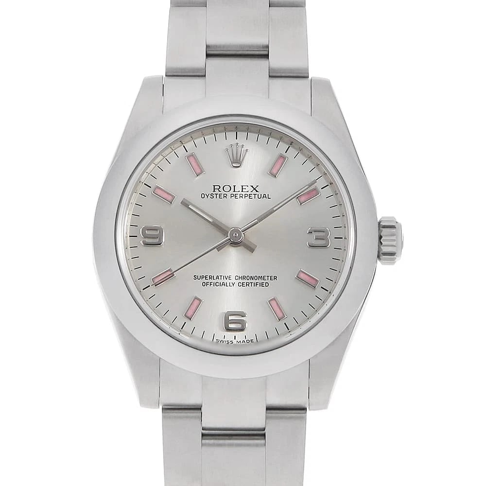 ROLEX OYSTER PERPETUAL SILVER PINK WATCH: ROLEX Oyster perpetual Silver Pink watch Brand: ROLEX Type/Style: Wrist watch Material: Band Material Stainless Steel, Case Material Stainless Steel Color: Dial Color Silver Size: Case:W31mm