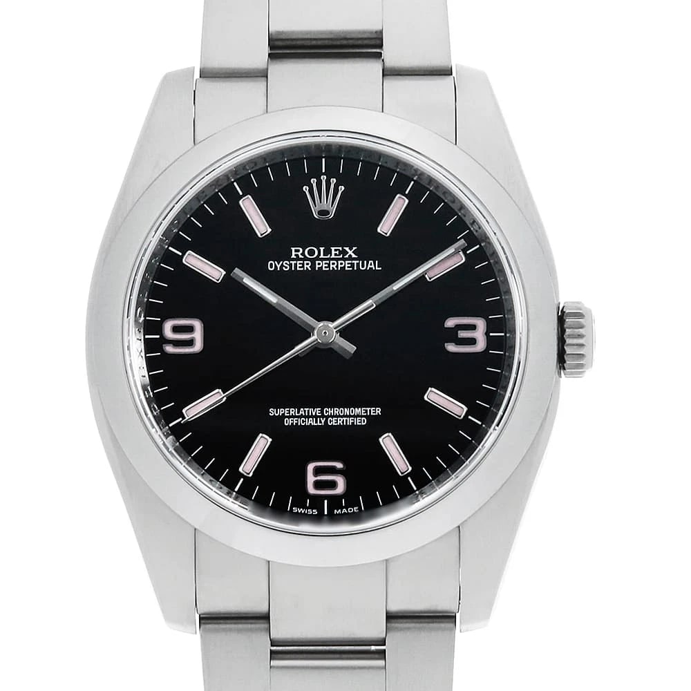 ROLEX OYSTER PERPETUAL BLACK PINK WATCH: ROLEX Oyster perpetual black Pink watch Brand: ROLEX Type/Style: Wrist watch Material: Band Material Stainless Steel, Case Material Stainless Steel Color: Dial Color Black Size: Case:W36mm Circumferen