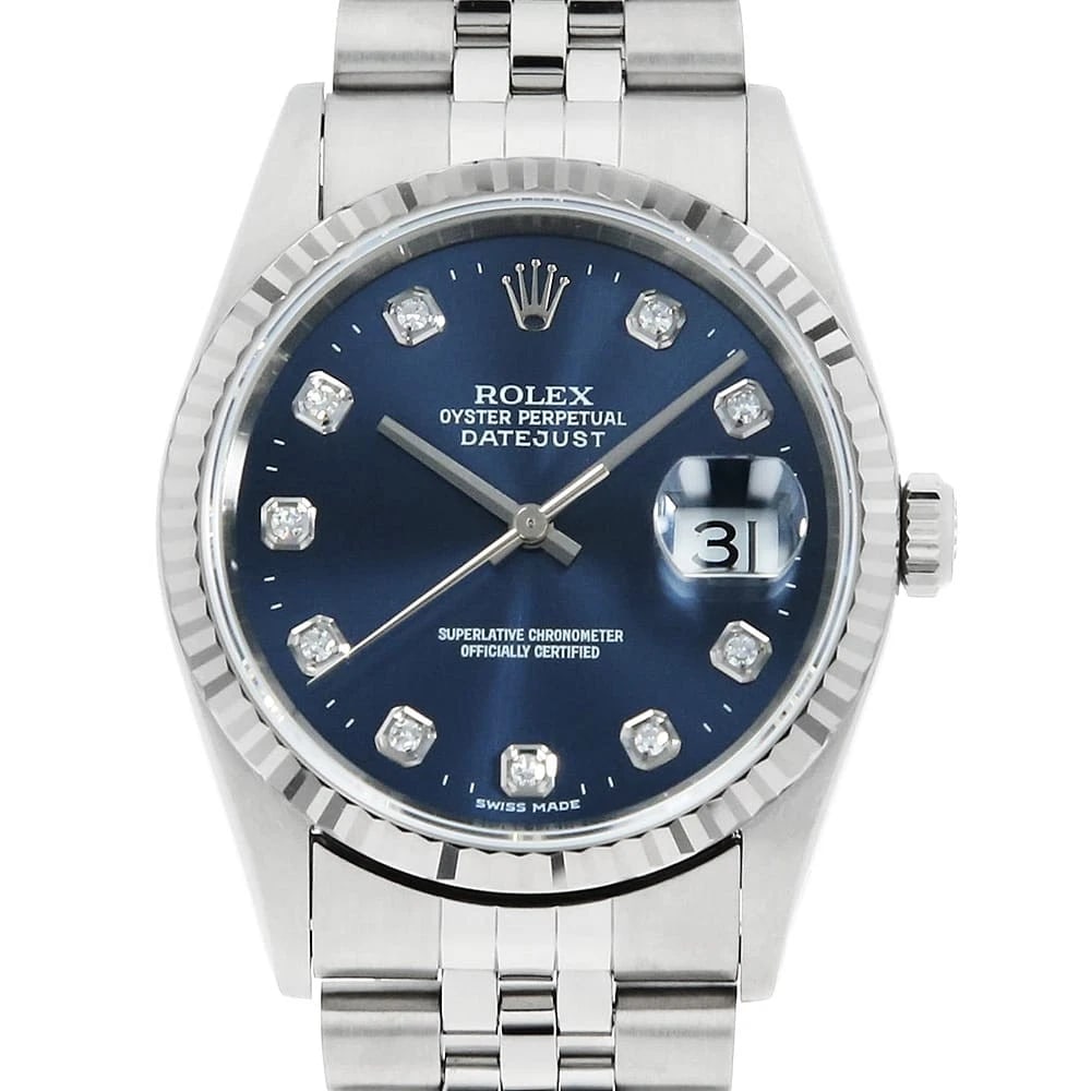 ROLEX DATEJUST DIAMOND BLUE WATCH: ROLEX Datejust Diamond blue watch Brand: ROLEX Type/Style: Wrist watch Material: Band Material Stainless Steel, Case Material Stainless Steel/White gold Color: Dial Color Blue Size: Case:W36mm Circumf
