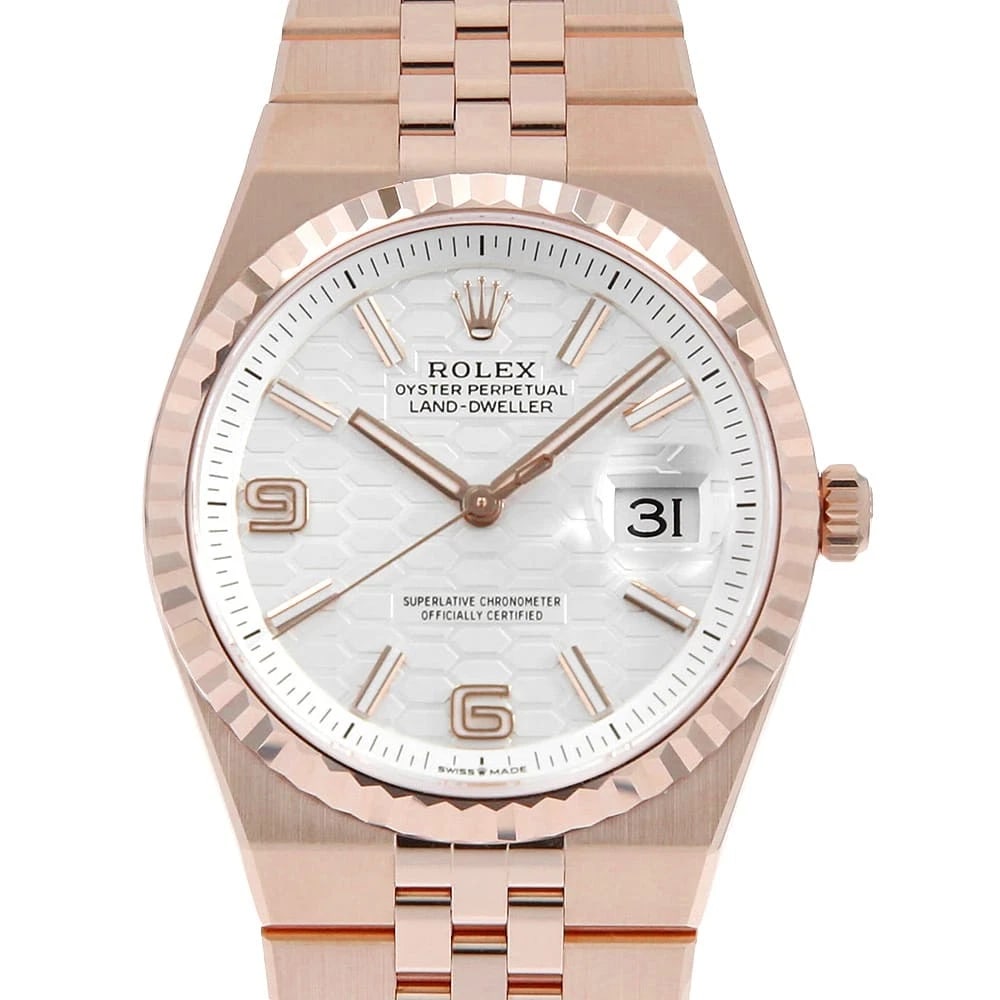 ROLEX LAND DWELLER WHITE WATCH: ROLEX Land Dweller white watch Brand: ROLEX Type/Style: Wrist watch Material: Band Material Everose Gold, Case Material Everose Gold Color: Dial Color White Size: Case:W36mm Circumference of Wrist:17.