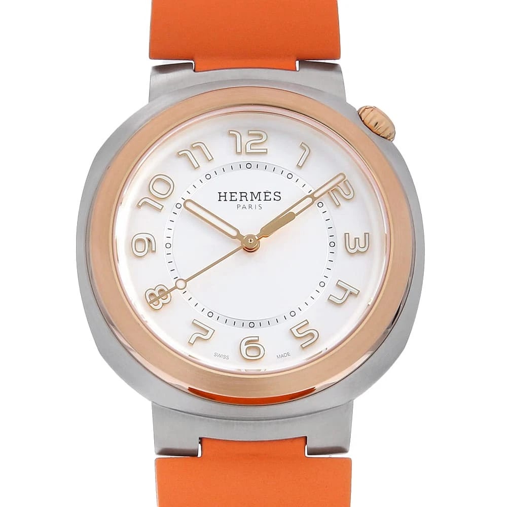 HERMES STAINLESS STEEL WATCH: HERMES Stainless Steel watch Brand: HERMES Type/Style: Wrist watch Material: Band Material rubber, Case Material Stainless Steel/Pink gold Color: Dial Color Silver Size: Case:W36mm Accessories: No