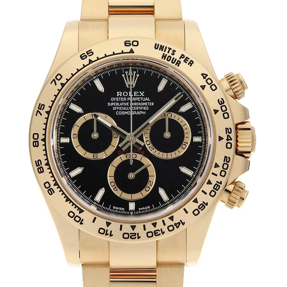 ROLEX COSMOGRAPH DAYTONA BLACK WATCH: ROLEX Cosmograph Daytona black watch Brand: ROLEX Type/Style: Wrist watch Material: Band Material Yellow Gold, Case Material Yellow Gold Color: Dial Color Black Size: Case:W40mm Circumference of Wrist