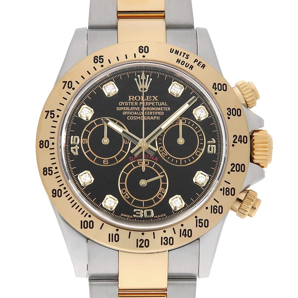 ROLEX COSMOGRAPH DAYTONA DIAMOND BLACK WATCH: ROLEX Cosmograph Daytona diamond black watch Brand: ROLEX Type/Style: Wrist watch Material: Band Material Stainless Steel/Yellow Gold, Case Material Stainless Steel/Yellow Gold Color: Dial Color Black