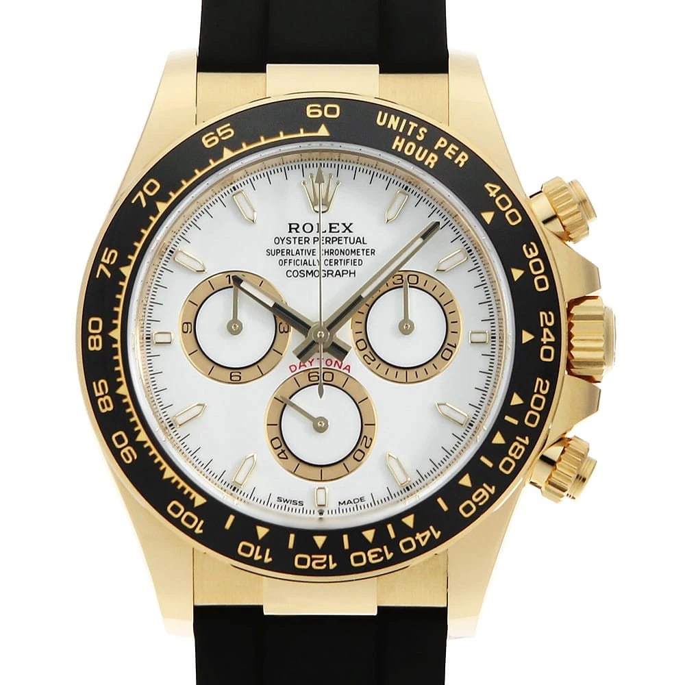 ROLEX COSMOGRAPH DAYTONA WHITE WATCH: ROLEX Cosmograph Daytona white watch Brand: ROLEX Type/Style: Wrist watch Material: Band Material rubber, Case Material Yellow Gold Color: Dial Color White Size: Case:W40mm Circumference of Wrist:18cm