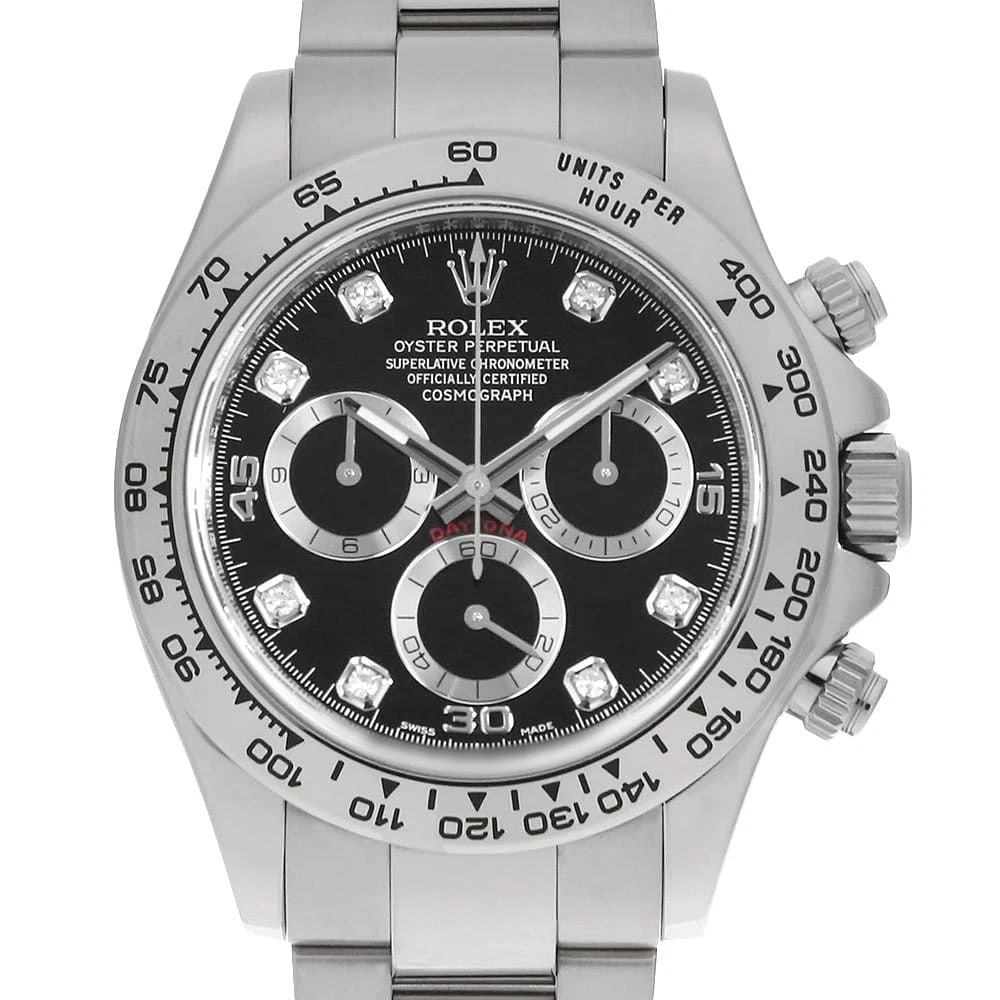 ROLEX COSMOGRAPH DAYTONA DIAMOND BLACK WATCH: ROLEX Cosmograph Daytona diamond black watch Brand: ROLEX Type/Style: Wrist watch Material: Band Material White Gold, Case Material White Gold Color: Dial Color Black Size: Case:W40mm Circumference of