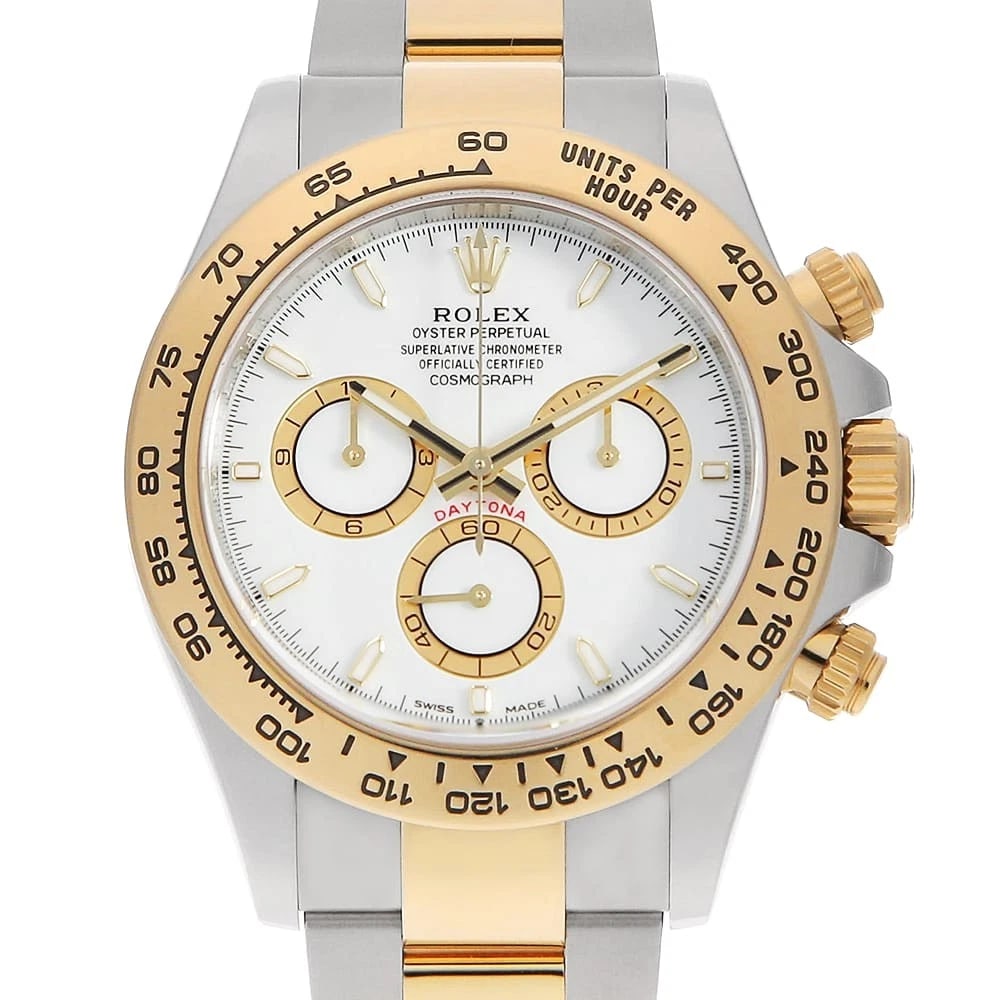 ROLEX COSMOGRAPH DAYTONA WHITE WATCH: ROLEX Cosmograph Daytona white watch Brand: ROLEX Type/Style: Wrist watch Material: Band Material Stainless Steel/Yellow Gold, Case Material Stainless Steel/Yellow Gold Color: Dial Color White Size: C