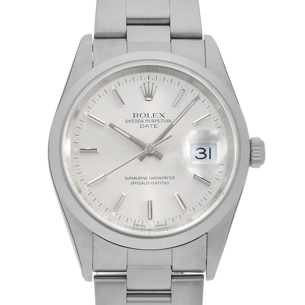 ROLEX OYSTER PERPETUAL DATE SILVER WATCH: ROLEX Oyster Perpetual Date Silver watch Brand: ROLEX Type/Style: Wrist watch Material: Band Material Stainless Steel, Case Material Stainless Steel Color: Dial Color Silver Size: Case:W34mm Circumfer