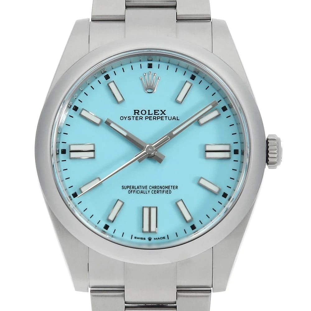 ROLEX OYSTER PERPETUAL TURQUOISE STAINLESS STEEL WATCH: ROLEX Oyster Perpetual Turquoise Stainless Steel watch Brand: ROLEX Type/Style: Wrist watch Material: Band Material Stainless Steel, Case Material Stainless Steel Color: Dial Color Turquoise Size: Cas