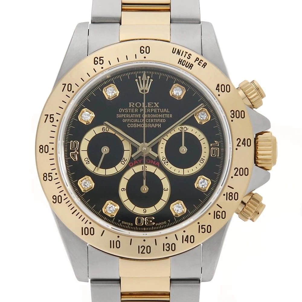 ROLEX COSMOGRAPH DAYTONA DIAMOND BLACK WATCH: ROLEX Cosmograph Daytona diamond black watch Brand: ROLEX Type/Style: Wrist watch Material: Band Material Stainless Steel/Yellow Gold, Case Material Stainless Steel/Yellow Gold Color: Dial Color Black
