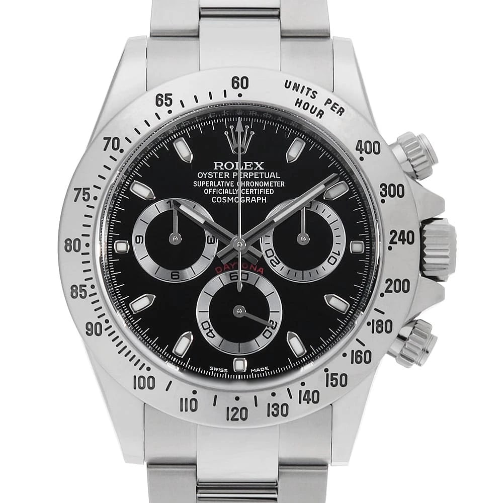 ROLEX COSMOGRAPH DAYTONA BLACK WATCH: ROLEX Cosmograph Daytona black watch Brand: ROLEX Type/Style: Wrist watch Material: Band Material Stainless Steel, Case Material Stainless Steel Color: Dial Color Black Size: Case:W40mm Circumference 