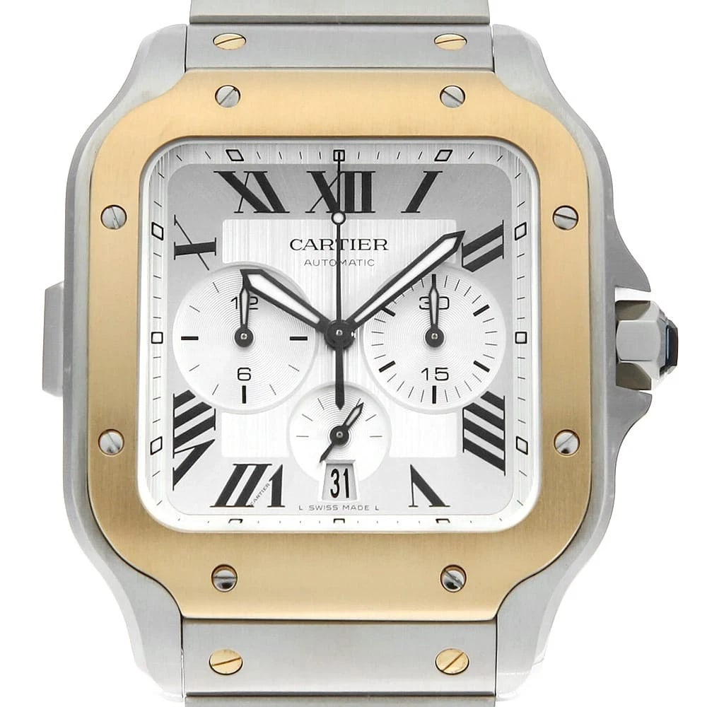 CARTIER SANTOS CHRONOGRAPH STAINLESS STEEL WATCH: Cartier Santos Chronograph Stainless Steel watch Brand: Cartier Type/Style: Wrist watch Material: Band Material Stainless Steel, Case Material Stainless Steel/Yellow Gold Color: Dial Color Silver Size