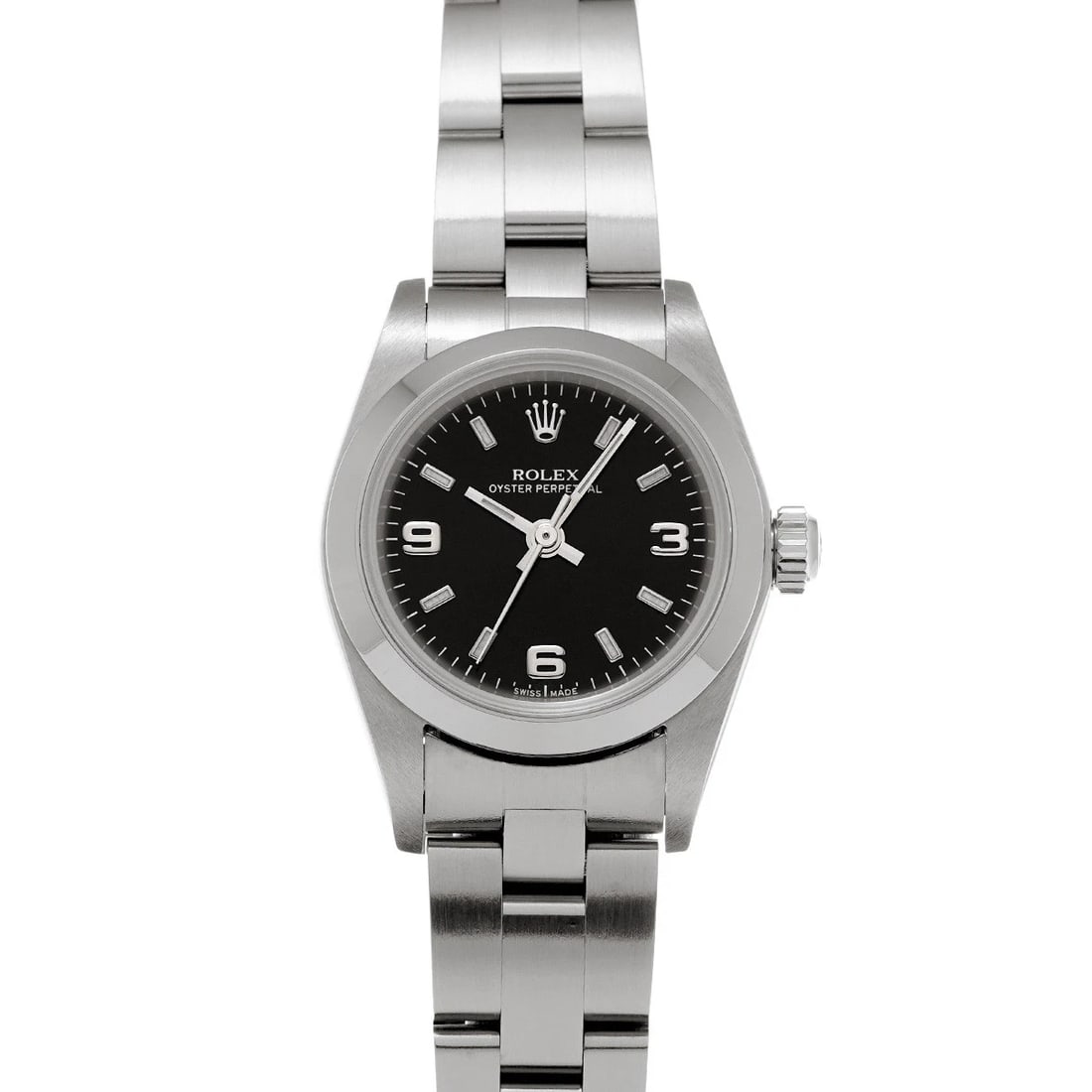 ROLEX OYSTER PERPETUAL BLACK WATCH: ROLEX Oyster Perpetual black Watch Brand: ROLEX Type/Style: Wristwatch Material: Band Material Stainless steel, Case Material Stainless steel Color: Dial Color black Size: ?Case? H/about 24mm W/about