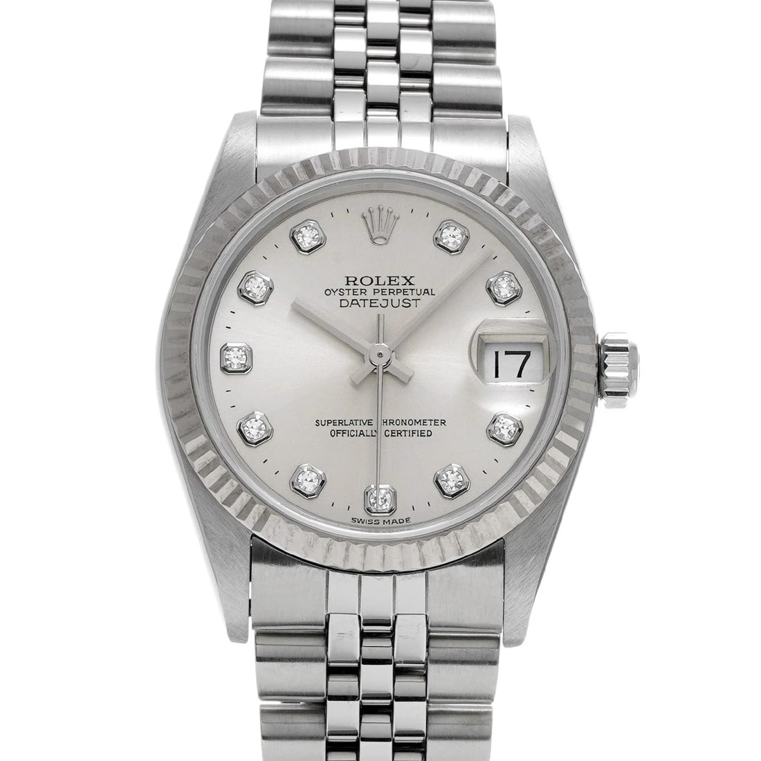 ROLEX DATEJUST SILVER/DIAMOND WATCH: ROLEX Datejust Silver/diamond Watch Brand: ROLEX Type/Style: Wristwatch Material: Band Material Stainless steel, Case Material Stainless steel Color: Dial Color Silver/diamond Size: ?Case? H/about