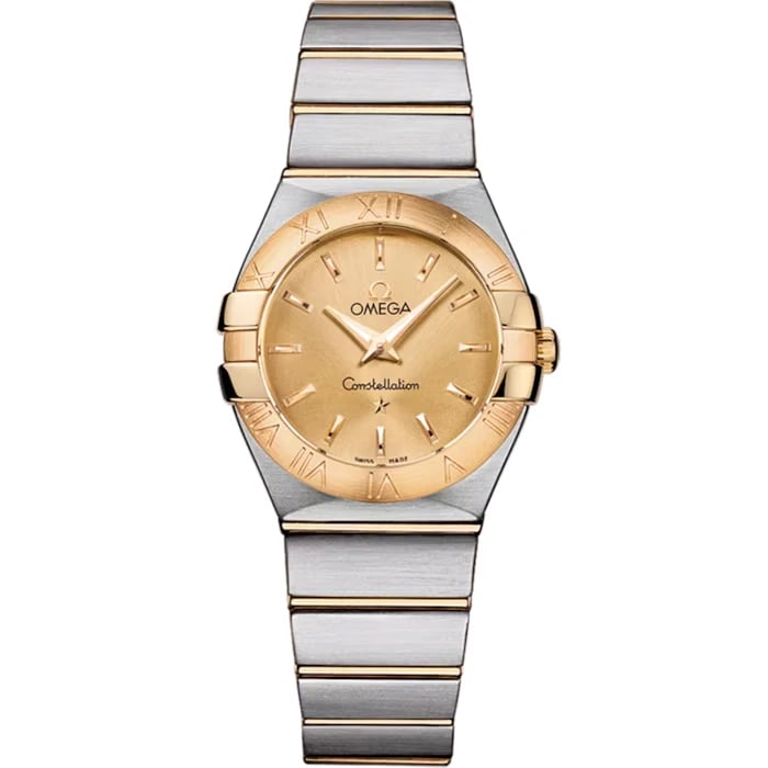 OMEGA CONSTELLATION BRUSHED QUARTZ WATCH: Omega Constellation Brushed Quartz Watch Brand: OMEGA Type/Style: Wristwatch Material: Case Material Material (Main) Stainless Steel, Yellow Gold Color: Champagne Size: Case Size 27.0mm Accessories: