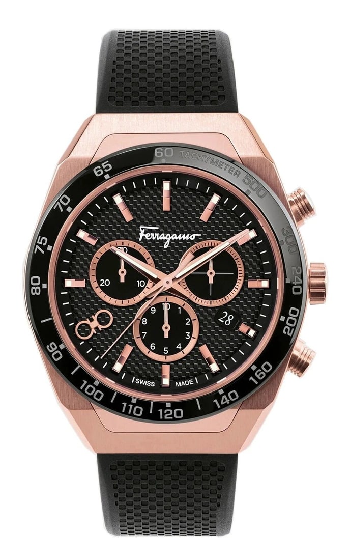 FERRAGAMO SLX CHRONOGRAPH WATCH: Ferragamo SLX Chronograph Watch Brand: Ferragamo Type/Style: Wristwatch Material: Case Material Stainless steel Color: Dial color Black Size: Case size Approx. 42mm (excluding crown) Thickness