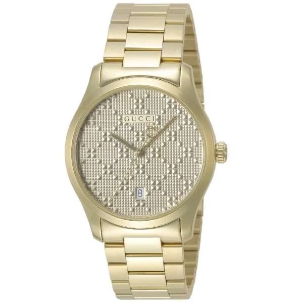 GUCCI G-TIMELESS GOLD WATCH: GUCCI G-Timeless Gold Watch Brand: Gucci Type/Style: Wristwatch Material: Case Material Material: Stainless steel GP sapphire glass Color: Color: Dial: Gold (Gold) Size: Case size: Approx. 38mm
