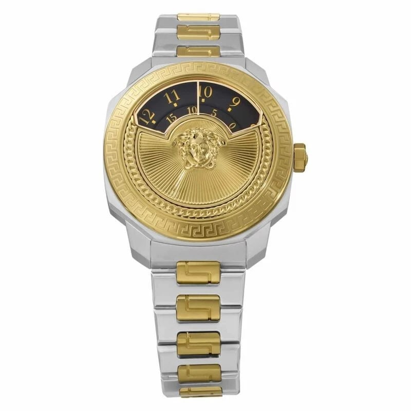 VERSACE DYLOS UNISEX WATCH: VERSACE DYLOS unisex Watch Brand: Versace Type/Style: Wristwatch Material: Case Material Stainless steel (yellow gold PVD) Color: Black/Gold Size: Case diameter 38 x 38 x 12.5(mm) Accessories: None