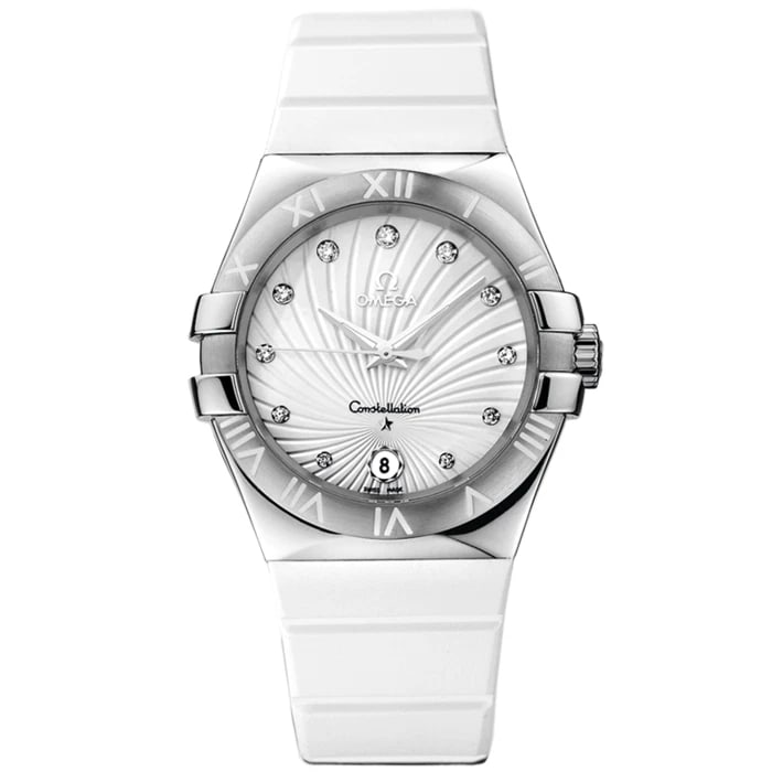 OMEGA CONSTELLATIONS STAINLESS STEEL RUBBER STRAP WATCH: Omega Constellations stainless steel rubber strap Watch Brand: OMEGA Type/Style: Wristwatch Material: Case Material Material (Main) Stainless Steel Color: White Size: Case Size 35.0mm Accessories: