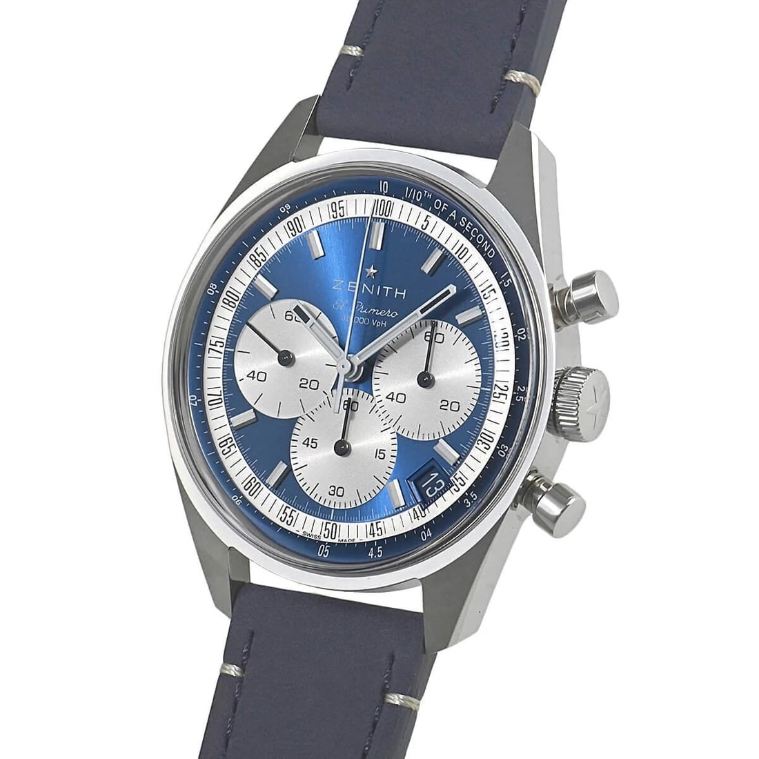 ZENITH CHRONOMASTER ORIGINAL BOUTIQUE EDITION WATCH: ZENITH Chronomaster Original Boutique Edition Watch Brand: Zenith Type/Style: Wristwatch Material: Case Material Stainless Steel Band Material: Nubuck Calfskin Leather Color: Dial Color: Blue Size: Ca
