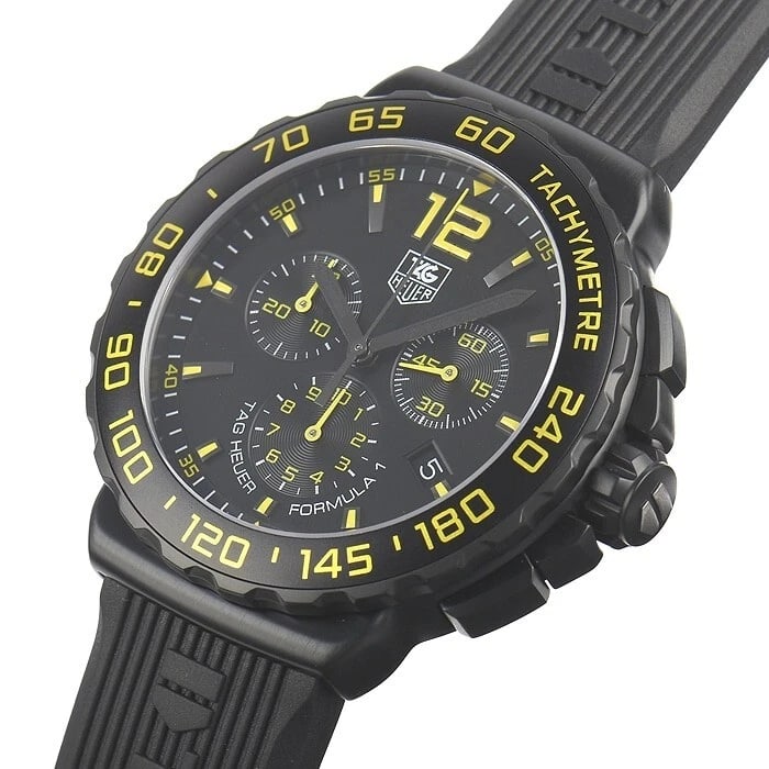 TAG HEUER FORMULA CHRONOGRAPH FULL BLACK WATCH: TAG Heuer Formula Chronograph Full Black Watch Brand: TAG Heuer Type/Style: Wristwatch Material: Case Material Material (Main) Stainless Steel (Titanium Carbide Coating) Color: Black/Yellow Size: