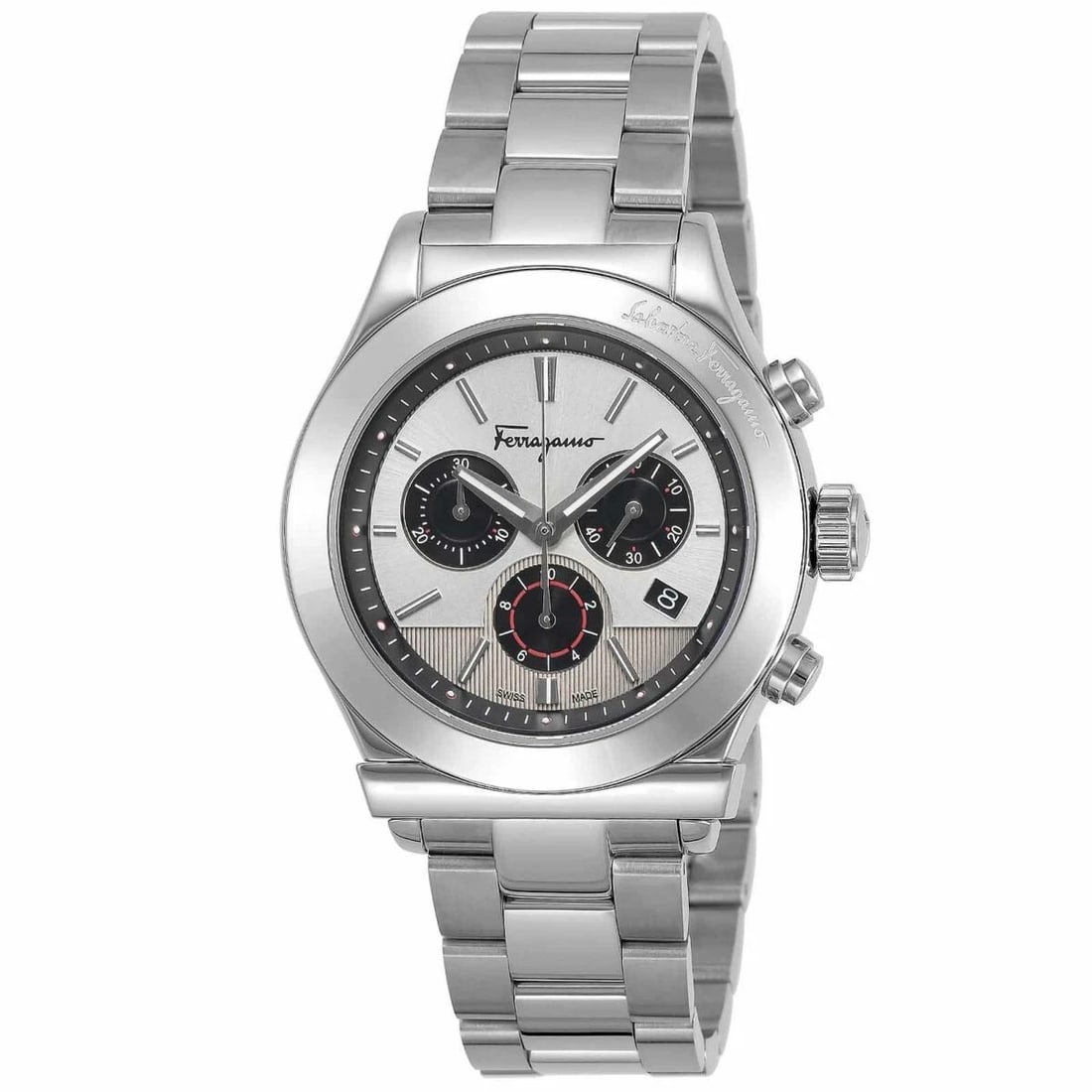 FERRAGAMO CHRONO WATCH: Ferragamo Chrono Watch Brand: Ferragamo Type/Style: Wristwatch Material: Case Material Stainless steel Color: Dial color?silver Size: Case: 40 mm (length) x 40 mm (width) x 12 mm (thickness)